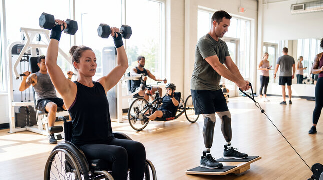 Athletes with disabilities training with weights and resistance equipment inside an inclusive gym facility.