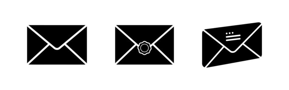 Set of black envelope icons on white background