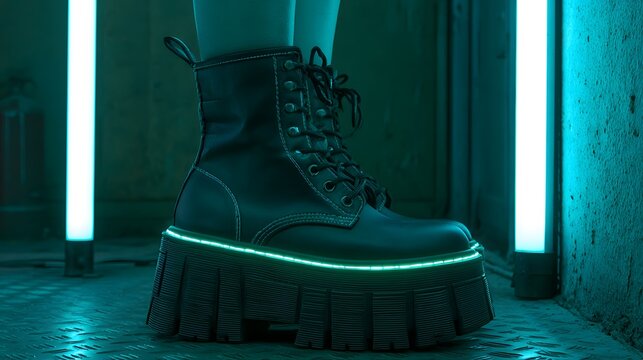 Chunky platform boot with glowing neon trim standing on a textured floor. Perfect for futuristic fashion editorials and cyberpunk aesthetic concepts.