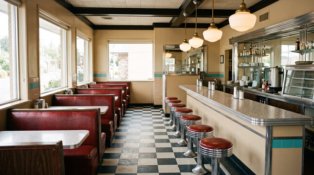 Empty retro American diner interior with red leather booths bar stools and checkered floor