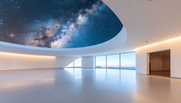 Modern interior with galaxy ceiling and large windows