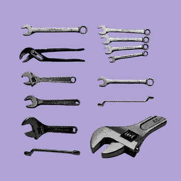 Mechanical spanner and adjustable wrench vector icon collection in halftone style.