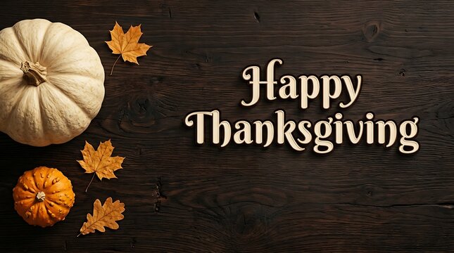 Festive happy thanksgiving greeting card featuring white and orange pumpkins with autumn leaves on dark wooden background