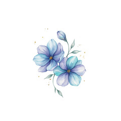 Obraz premium Two blue and purple watercolor flowers with a small bud and leaves isolated on a transparent background