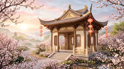 Obraz premium Traditional chinese pagoda temple surrounded by blooming cherry blossoms in spring season