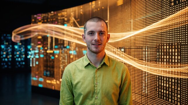 Team standing small against an enormous curved data wall