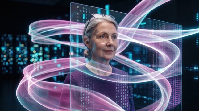 Specialist working a suspended holographic panel at a data wall