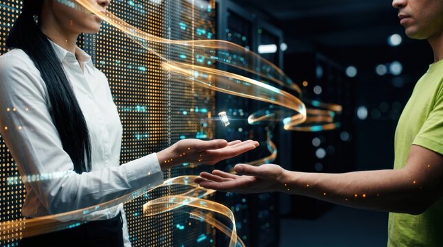 Team standing small against an enormous curved data wall