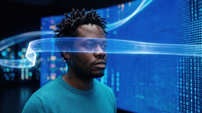 Specialist working a suspended holographic panel at a data wall