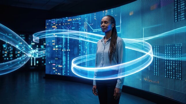 Specialist working a suspended holographic panel at a data wall