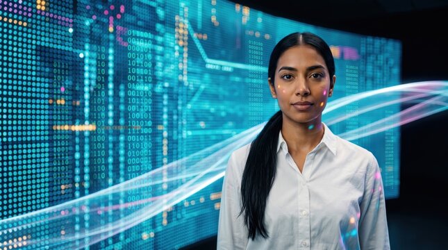 Team standing small against an enormous curved data wall