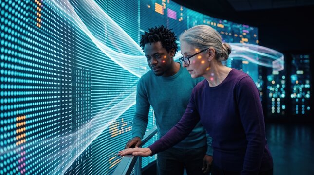 Two specialists studying a section of a glowing data wall