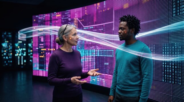 Team standing small against an enormous curved data wall