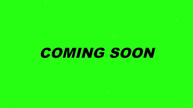 Coming soon digital animation text featuring bold black typography over a vibrant green screen background with subtle falling particle motion effects for advertising teasers