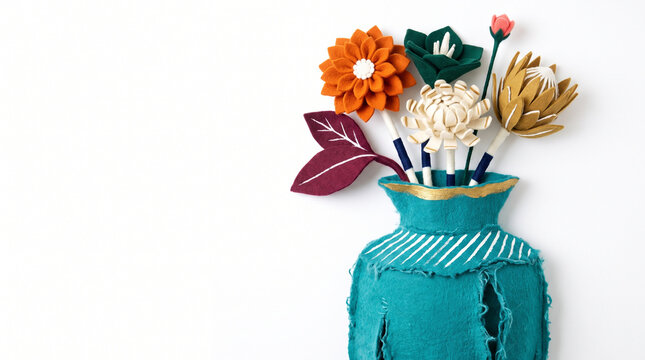 Colorful handmade flowers in a teal vase on a white background  