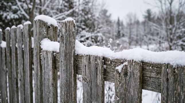 Snow covered weathered wooden fence in winter rural countryside landscape
