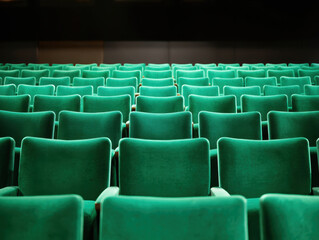 Fototapeta premium Rows of empty green cinema seats receding into the distance. Theatre auditorium, film screening, live performance and audience seating in entertainment venue