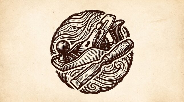 Woodworking emblem with hand plane and chisel tools in a vintage engraved illustration style.