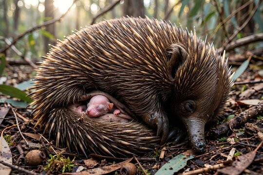 A mother short-beaked echidna Tachyglossus aculeatus curled up in the Australian forest undergrowth protecting her tiny pink hairless baby puggle safely tucked inside her pouch area