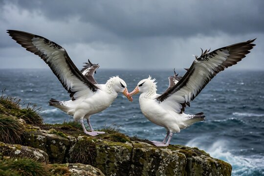 Two wandering albatrosses performing a courtship dance with spread wings on a rocky cliff against a stormy ocean background