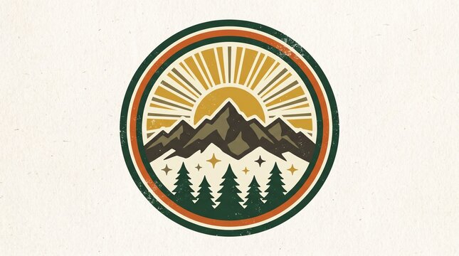 Vintage mountain adventure emblem with sun rays and pine forest in a circular badge design