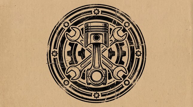 Vintage engine piston and wrench emblem design for automotive garage or repair shop logo.