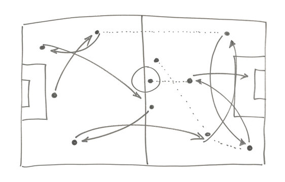 Soccer, football tactics isolated on white blackboard, hand draw black marker, clipping path	