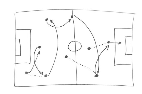 Soccer, football tactics isolated on white blackboard, hand draw black marker, clipping path	
