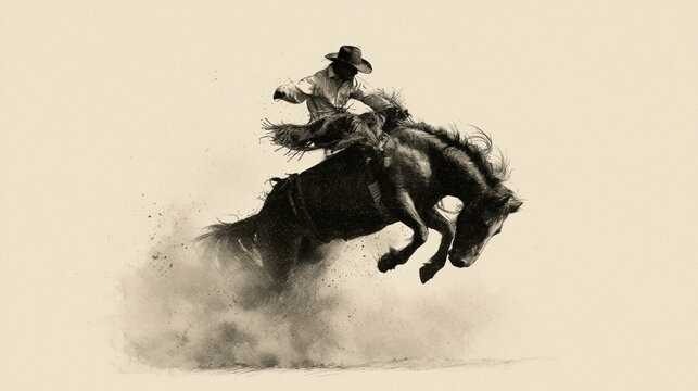 Cowboy Bronco Rodeo Horse Riding Western Dust Vintage Sepia Illustration Wild Bucking Ranch American Action