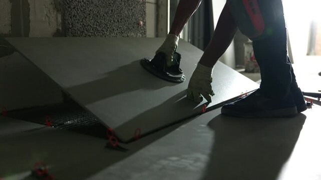 Worker laying large floor tile using vacuum suction cup