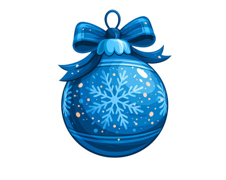 Shiny blue ornament with snowflake, bow, and festive design