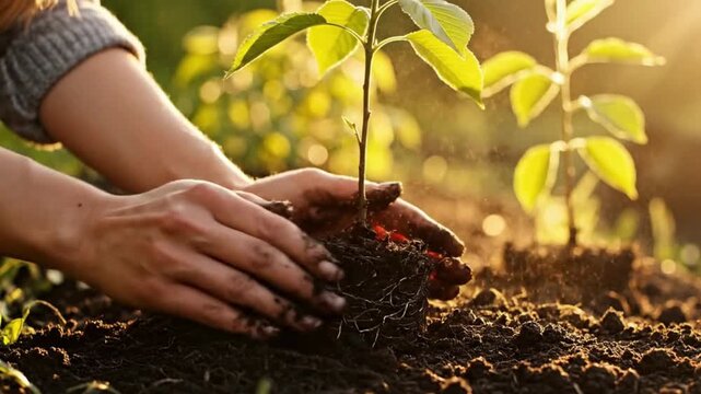 Planting Hope: Tender hands gently place a young sapling into fertile soil, symbolizing growth, renewal, and the promise of a greener future bathed in warm sunlight.