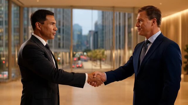 Business deal handshake between two executives in a modern corporate office setting professional agreement successful partnership
