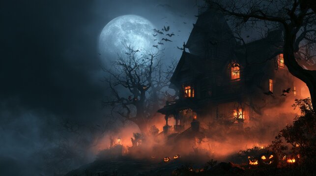 Dark spooky landscape with glowing moon, haunted house and fiery clouds, dramatic Halloween background, eerie night scene.
