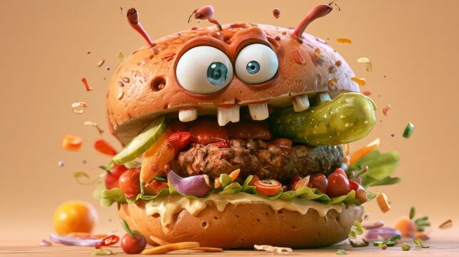 Cute cartoon burger character with expressive eyes on an orange background, playful fast food illustration, Halloween theme.