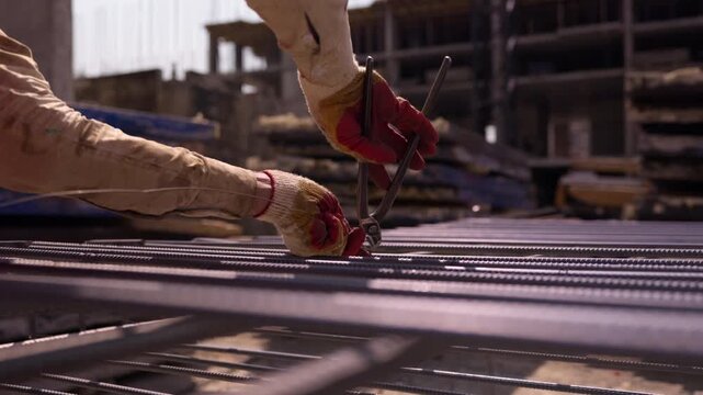 Worker tying steel reinforcement bars with binding wire at construction site