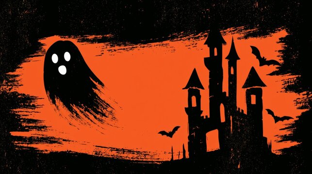 Black Halloween silhouette of a ghost and haunted castle on an orange background, spooky holiday graphic, eerie illustration.