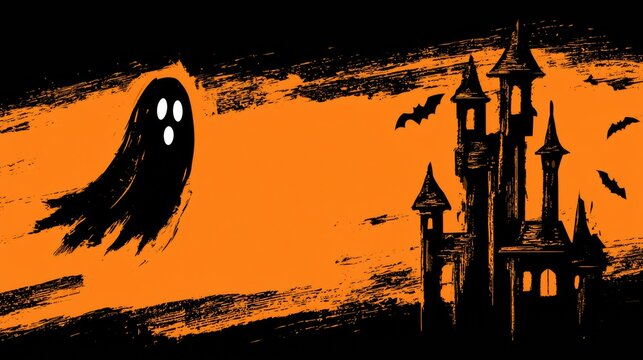 Black Halloween silhouette of a flying ghost and haunted castle on an orange background, spooky holiday graphic.