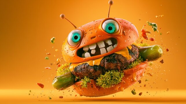 Colorful cartoon sandwich with expressive eyes on an orange background, playful fast food illustration, humorous Halloween concept.