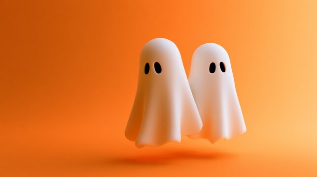 Two cute white cartoon ghosts standing on an orange background, playful Halloween holiday illustration, friendly spooky characters.