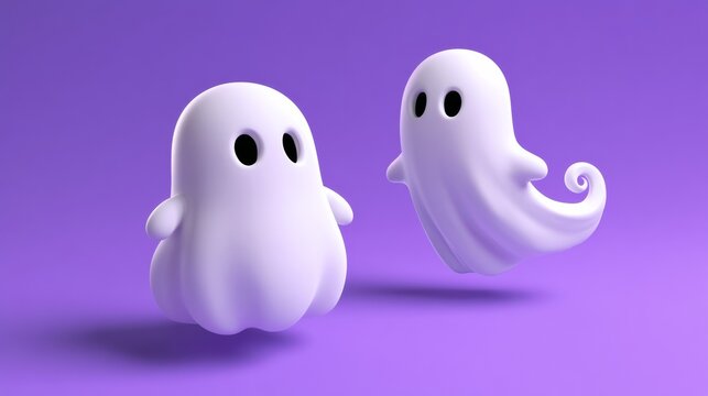 Two cute white cartoon ghosts floating on a violet background, playful Halloween holiday illustration, friendly spooky characters.