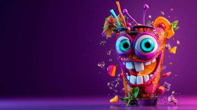 Colorful purple cocktail monster surrounded by candy pieces, joyful party mood, Halloween.	