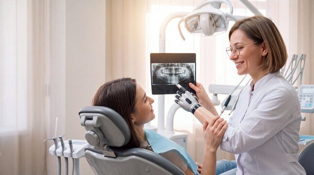 Grateful patient gently touching dentist's bionic prosthetic arm during warm sunlit dental consultation