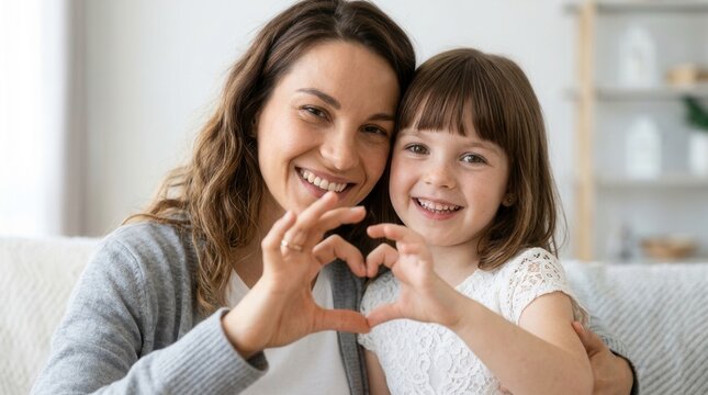 Close up of a smiling young mum and adorable cute little girl having fun showing a heart sign
