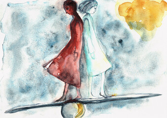 Two People Balancing on a Beam, Symbolic Relationship Concept, Hand-Painted Watercolor © pronoia