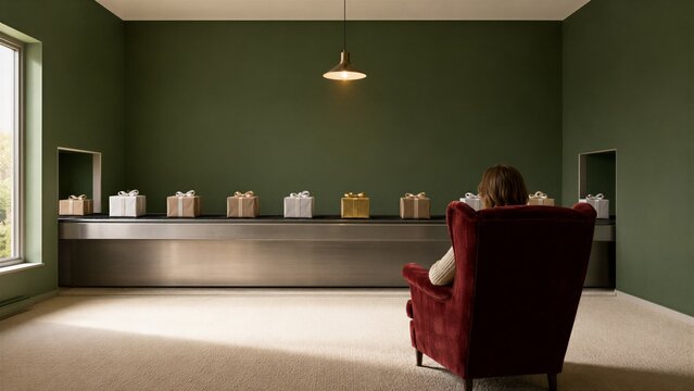 Gift Boxes Roll Past an Armchair on a Conveyor Through the Walls for Marketing Concept