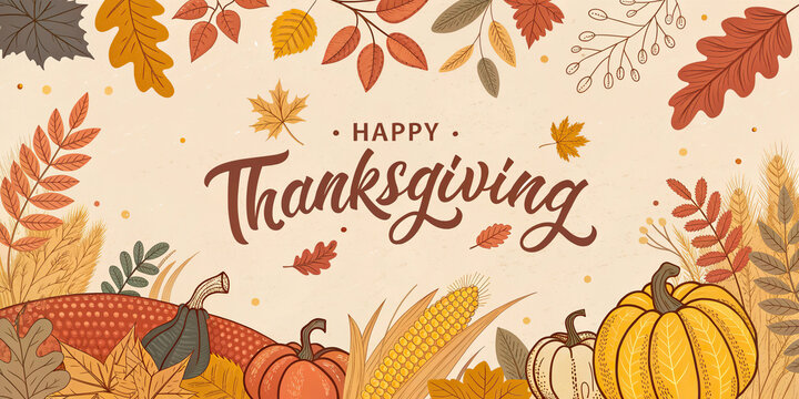 Happy Thanksgiving Autumn Harvest Cornucopia Pumpkins Leaves Celebration Vintage