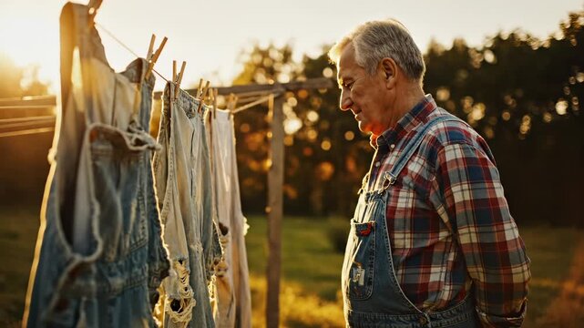 Senior man checks laundry drying on clothesline at sunset. Man examines clothes on outdoor line. Senior stands near laundry in rural yard. Man with clothesline during golden sunset hour outdoors.