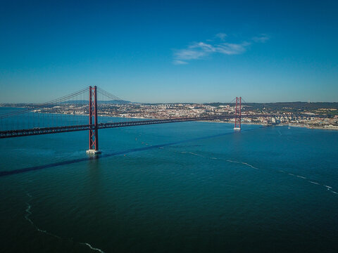 25 de Abril Bridge over Tagus River connecting Lisbon and Almada in Portugal