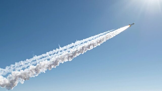 Rocket ascending into clear blue sky, trailing white smoke and vapor clouds, sunlight illuminating path